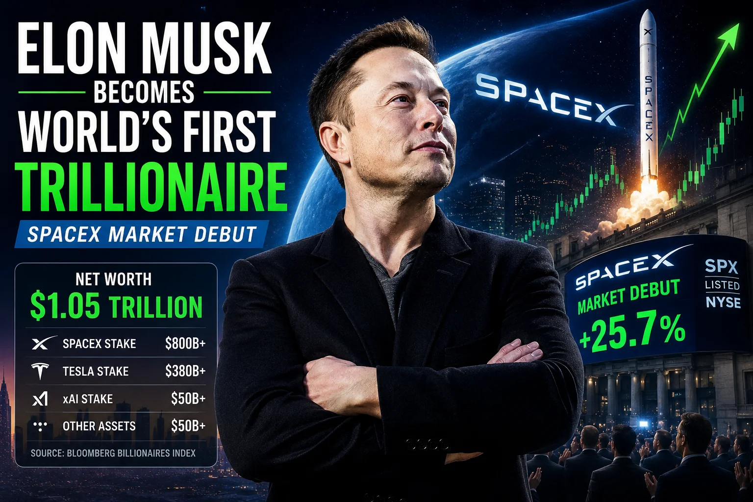 Elon Musk Becomes World's First Trillionaire as SpaceX Soars in Stock Market Debut